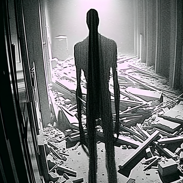 File:Blurry grainy security cam screenshot of a tall slender shadowy humanoid standing among rubble .png